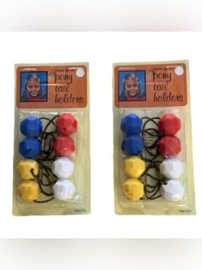 Vintage Twin Bead hair tie ponytail holders, Red White Blue & Yellow 2 pkgs